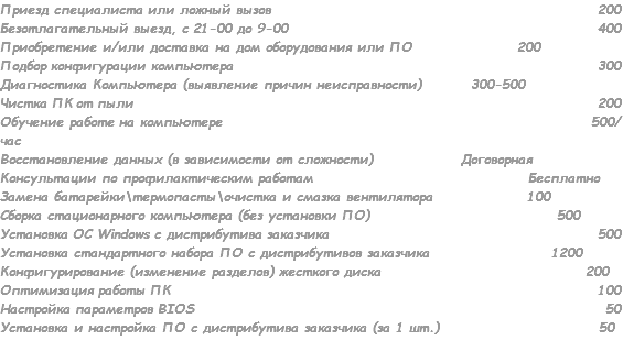 Приезд специалиста или ложный вызов 200 Безотлагательный выезд, с 21-00 до 9-00 400 Приобретение и/или доставка на дом оборудования или ПО 200 Подбор конфигурации компьютера 300 Диагностика Компьютера (выявление причин неисправности) 300-500 Чистка ПК от пыли 200 Обучение работе на компьютере 500/час Восстановление данных (в зависимости от сложности) Договорная Консультации по профилактическим работам Бесплатно Замена батарейки\термопасты\очистка и смазка вентилятора 100 Сборка стационарного компьютера (без установки ПО) 500 Установка ОС Windows с дистрибутива заказчика 500 Установка стандартного набора ПО с дистрибутивов заказчика 1200 Конфигурирование (изменение разделов) жесткого диска 200 Оптимизация работы ПК 100 Настройка параметров BIOS 50 Установка и настройка ПО с дистрибутива заказчика (за 1 шт.) 50